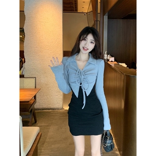 收腰包臀短裙子 连衣裙女早秋纯欲性感修身 法式 茶歇温柔假两件长袖