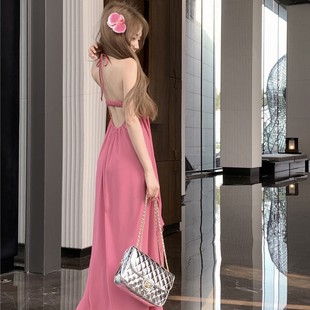 新中式 气质度假显瘦长裙子 复古性感露背胸垫挂脖吊带连衣裙女夏季