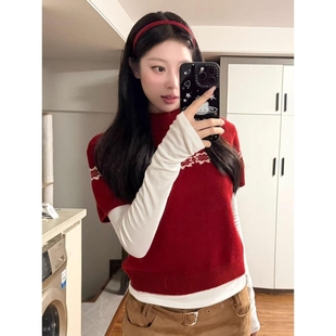 包芯纱洗水圣诞氛围感穿搭红色短袖 女秋冬叠穿毛衣上衣 针织衫