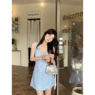 收腰短裙子 度假风无袖 韩系蓝色清新碎花v领背心连衣裙女夏季 修身