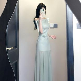 气质绝美高级感包臀长裙 2025新款 法式 绿色网纱拼接连衣裙子女夏季