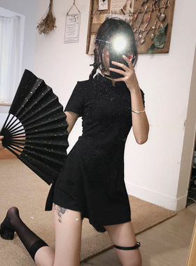 两件套装裤改良旗袍式黑色连衣裙2005夏季新款时尚复古小黑裙子潮