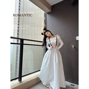 早秋季 白色连衣裙子质感感2024年新款 气质长裙 一字肩长袖 法式