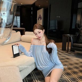 纯欲辣妹包臀短裙 显瘦收腰裙子蝙蝠袖 蓝色一字肩长袖 连衣裙女秋季
