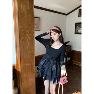 黑天鹅裙子奶乖穿搭花苞裙小个子连衣裙小黑裙短裙蓬蓬裙少女感