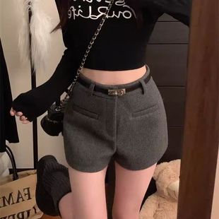 2056毛呢休闲短裤 子 女秋冬配皮带高腰A字阔腿呢子外穿靴裤