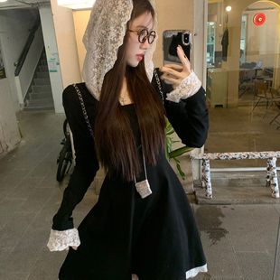 蕾丝拼接连帽针织连衣裙女秋季 a字短裙 收腰裙子设计感甜辣风长袖