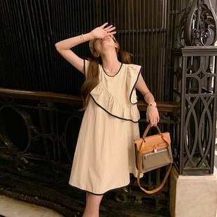 法式 连衣裙女夏不规则荷叶边背心裙宽松小个子娃娃裙子 条纹小飞袖