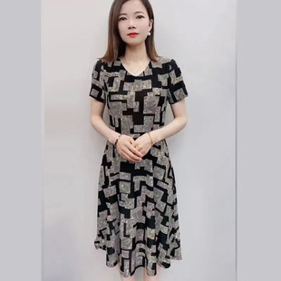 中长款 中年妈妈网红短袖 大码 新款 洋气过膝裙子 连衣裙女2024年夏季