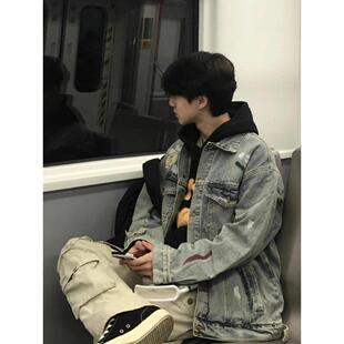 春秋破洞泼墨牛仔外套男水洗休闲潮牌痞帅机车设计感复古百搭夹克