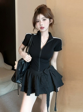 美式运动拉链垫肩短袖t恤女春秋季欧货侧条纹辣妹显瘦短款小上衣