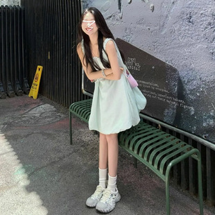 时尚 法式 花苞裙甜辣妹短裙子 新款 小个子气质U领吊带连衣裙女夏季