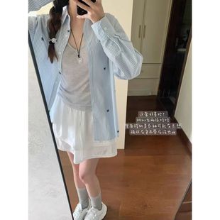 宽松长袖 蓝白条纹蝴蝶结印花防晒衬衫 薄款 新款 衬衣外套 女2025秋季