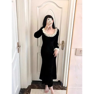 包臀鱼尾长裙子 赫本风小黑裙修身 法式 蕾丝黑色丝绒连衣裙女秋冬季