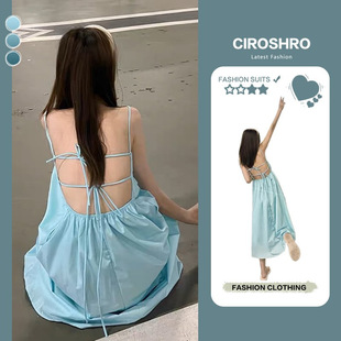 吊带连衣裙 温柔桔梗法式 裙子女夏季 露背a字收腰仙女海边度假长款