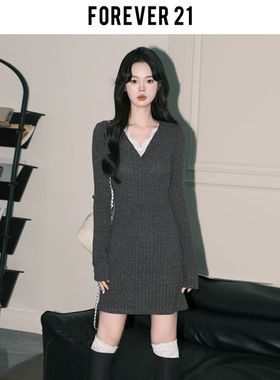 格雷系灰色修身针织包臀短裙女纯欲蕾丝V领打底连衣裙子