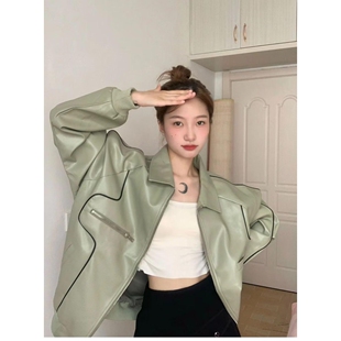 美式 国潮流宽松百搭ins情侣重磅皮衣外套女 潮牌纯色PU皮夹克男款