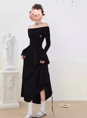 法式一字肩长袖白色连衣裙子质感高级感2024年新款早秋季气质长裙