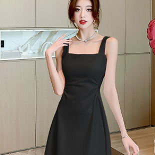 纯色长裙 2024新款 法式 气质赫本风黑白吊带连衣裙子女夏季