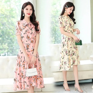 连衣裙女2025夏季 短袖 新款 过膝收腰显瘦时尚 裙子潮 中长款 碎花时尚