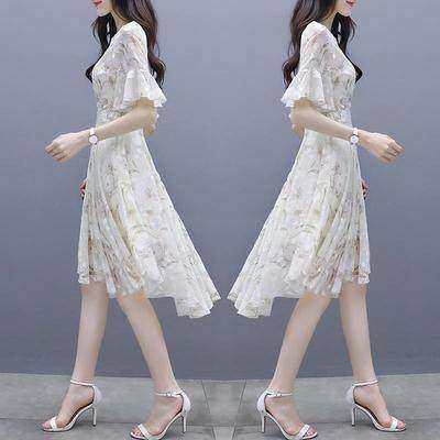 连衣裙女夏2025新款港味气质修身印花中长裙子冷淡气质风温柔裙仙