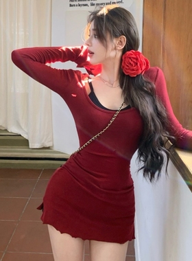 红色高级感修身薄款长袖T恤女秋季2025新款内搭打底显瘦辣妹裙子