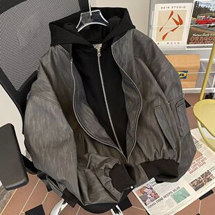 复古假两件连帽皮衣外套男士 痞帅潮牌休闲宽松皮夹克潮流 春秋季