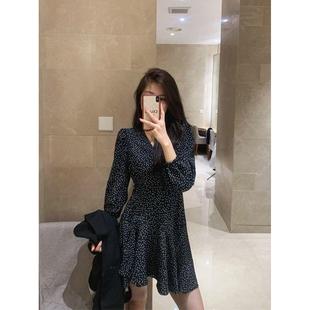 短裙温柔收腰显瘦a字裙子 气质泡泡袖 波点长袖 V领雪纺连衣裙女秋装