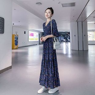 短袖 花朵长裙蓝色V领气质显瘦收腰仙女裙子 连衣裙春夏秋2025新款