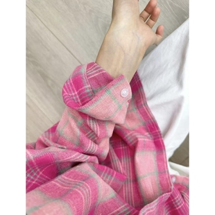 多巴胺小众设计感长袖 新款 防晒衬衣外套潮 女2025冬季 粉色格子衬衫