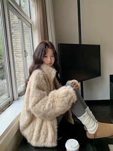 环保皮草立领短款 新款 加厚防寒慵懒风上衣 皮毛一体外套女冬季 韩版