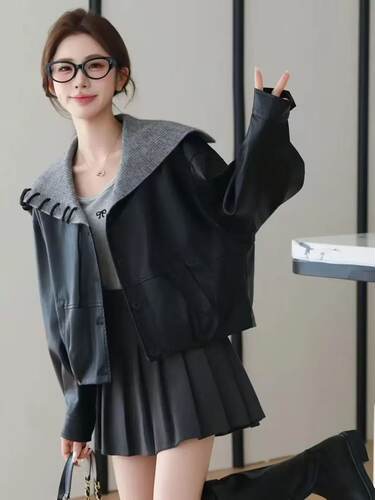 日韩外贸尾货品牌剪标女装海军PU皮衣夹克小个子显瘦短款外套上衣
