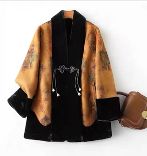 新中式秋冬双面穿水貂外套显瘦v领气质国风香云纱皮草