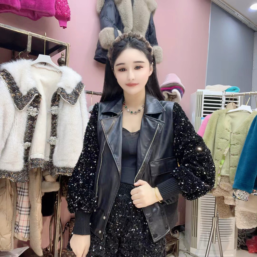 时尚大码拼接外搭机车风皮衣女2皮草