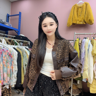 拼豹纹立领夹克外套棒球服潮 皮衣女士短款 2025春装 新款