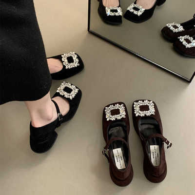 法式晚晚风气质单鞋女浅口2024新款春夏黑色水钻中跟粗跟玛丽珍鞋