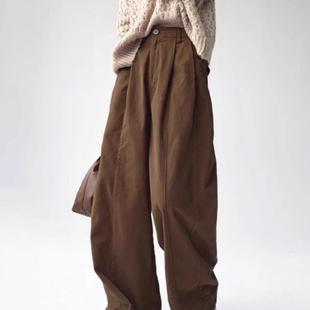 女2026早春新款 美拉德咖色棕色裤 宽松工装 休闲慵懒秋季 子 裤 阔腿裤