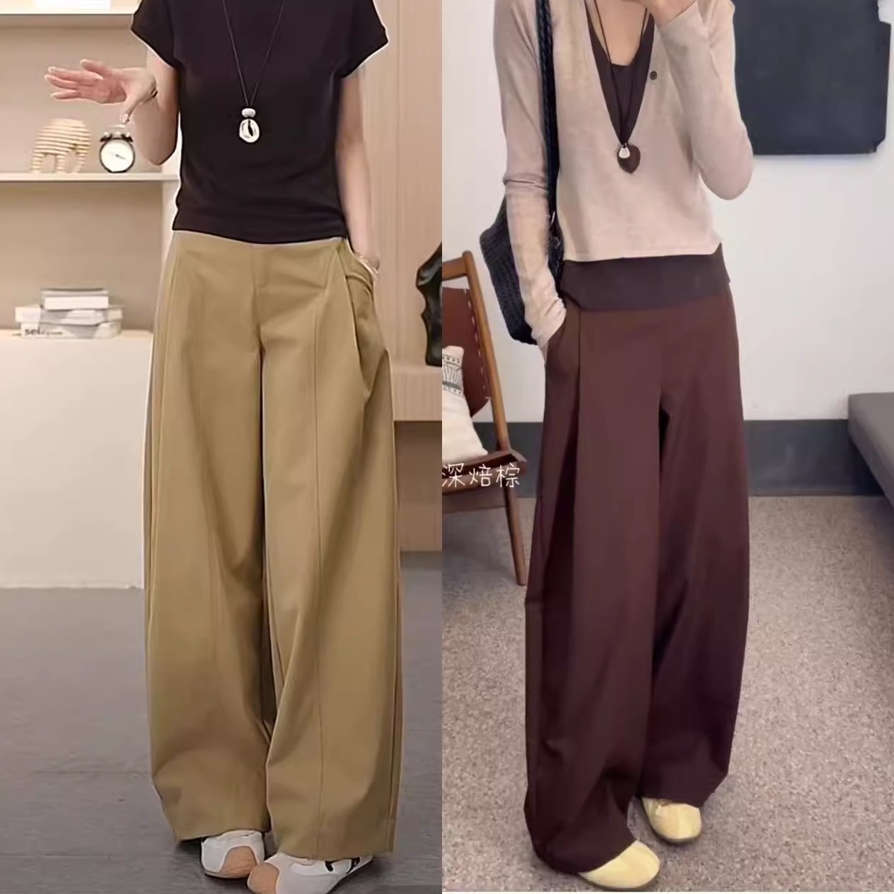 秋季潮流侧压褶卡其色贝斯裤女