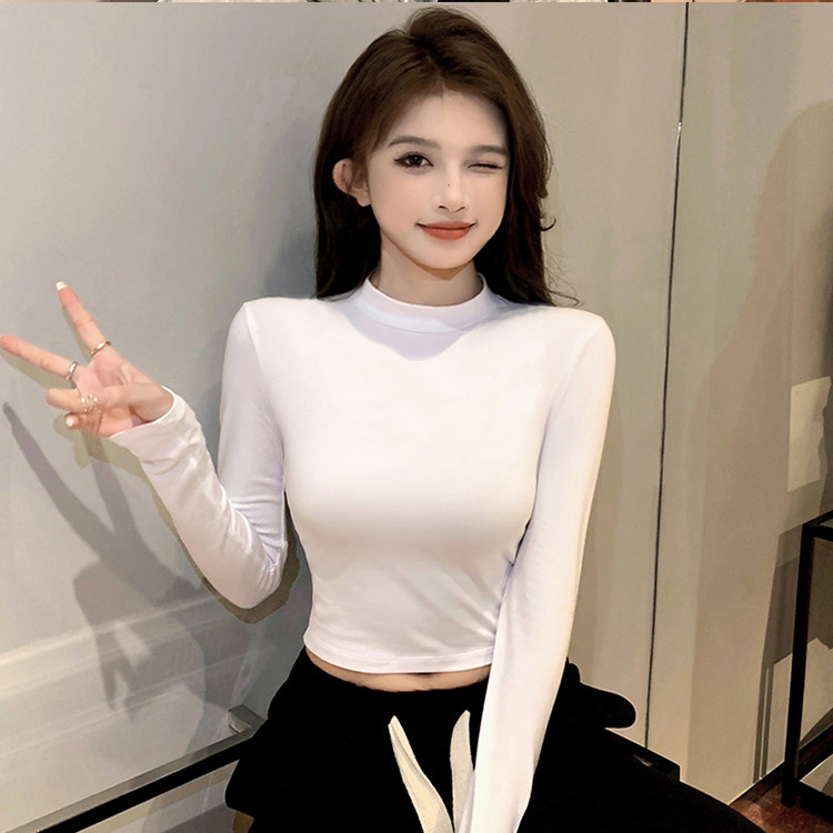 黑色保暖打底衫女早秋冬穿搭高腰短款露脐内搭长袖T恤辣妹上衣潮