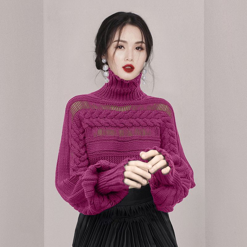 别致漂亮商场同款明星高领毛衣女秋冬慵懒风镂空宽松针织打底衫