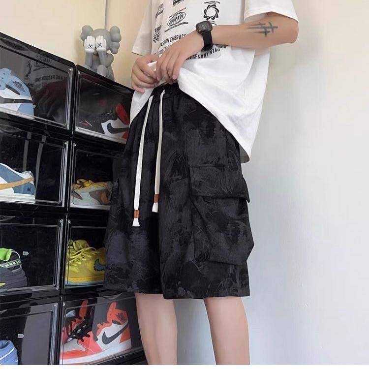 美式黑色工装短裤男款夏季高腰青少年裤子休闲扎染大口袋五分马裤