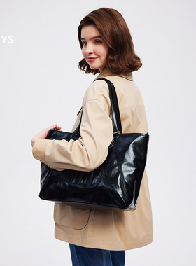 Hazzys哈吉斯黑色大容量托特包休闲通勤女士潮流单肩手提包