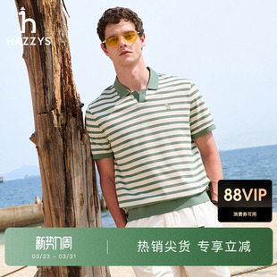 海鸥领肌理感T恤 polo衫 Hazzys哈吉斯夏季 男撞色条纹翻领短袖