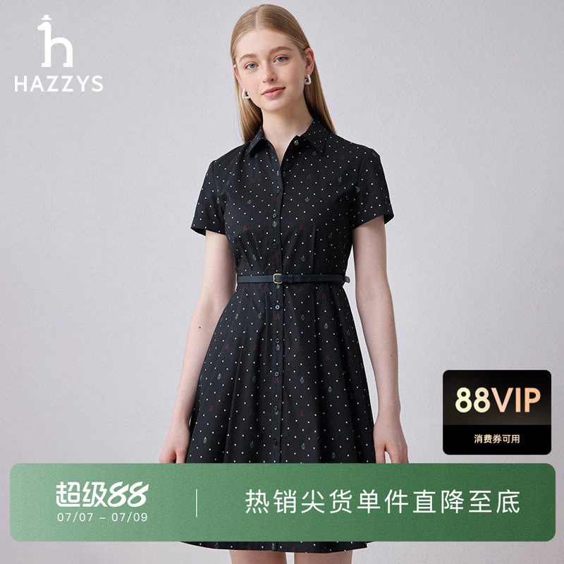 Hazzys哈吉斯印花修身短袖连衣裙女士夏季通勤时尚显瘦休闲裙子