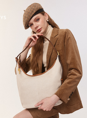 Hazzys哈吉斯帆布单肩包女士大容量米白色通勤斜挎包