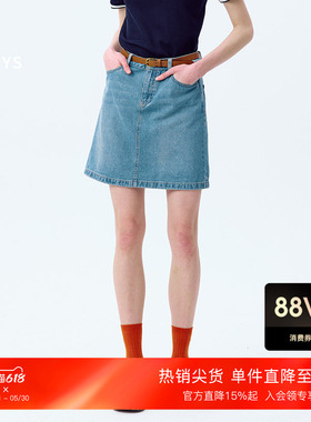 Hazzys哈吉斯水洗牛仔短裙女士春夏季简约纯棉蓝色休闲通勤半身裙