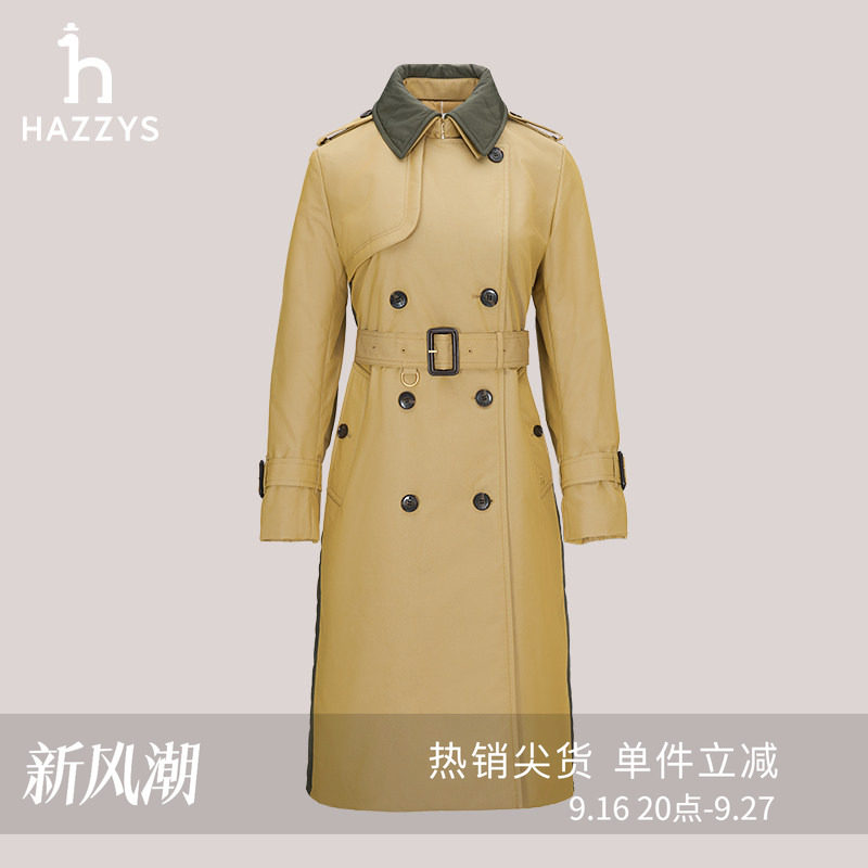 Hazzys哈吉斯中长款风衣女士秋冬舒适时尚休闲双排扣外套潮图片