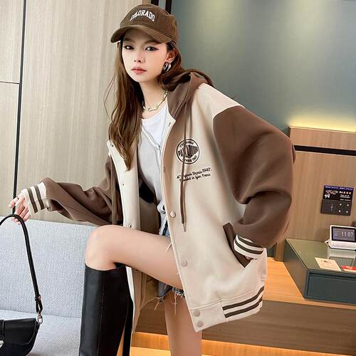 拼色棒球服女春秋加厚棉衣