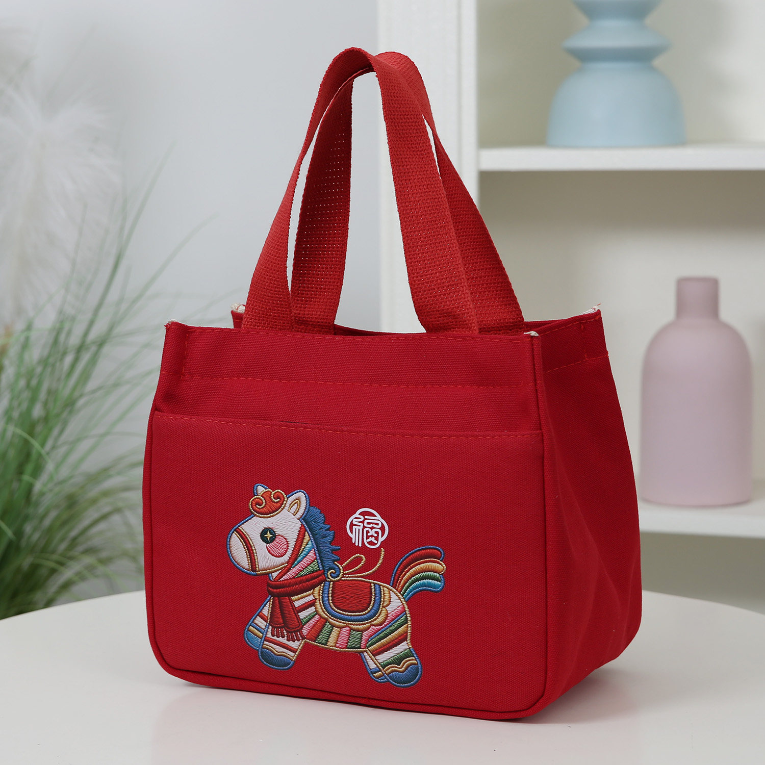 红色帆布手提包卡通小马便当袋宝妈外出通勤加厚上班手拎包
