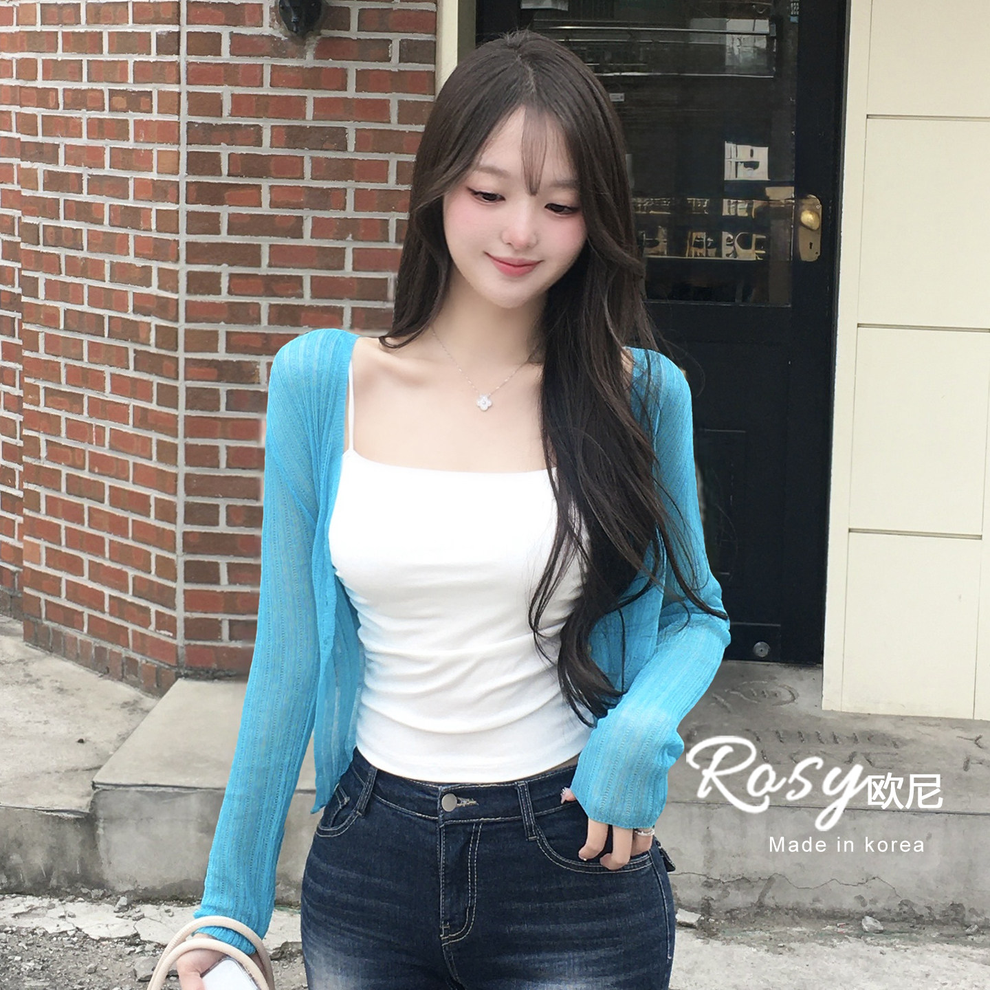 Rose欧尼 韩国代购修身针织开衫女防晒外套糖果色上衣